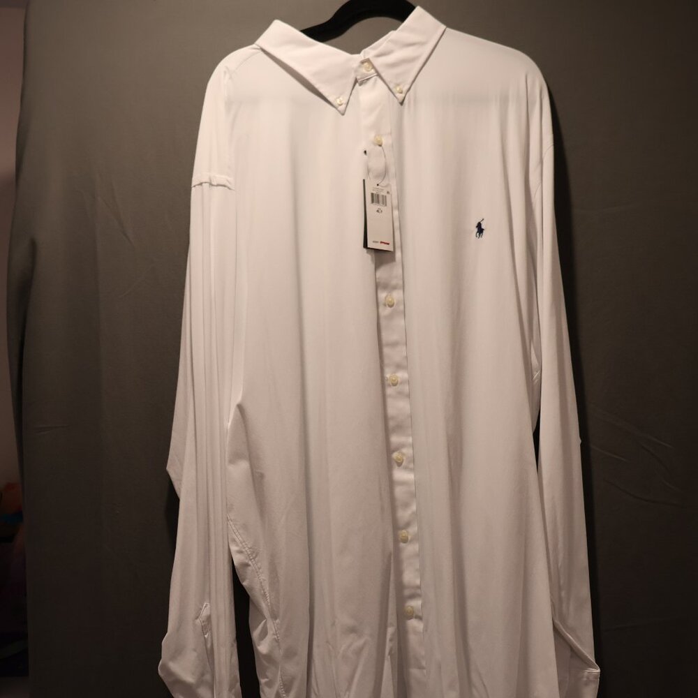 4XLT White Long Sleeve Polo Button Down Shirt